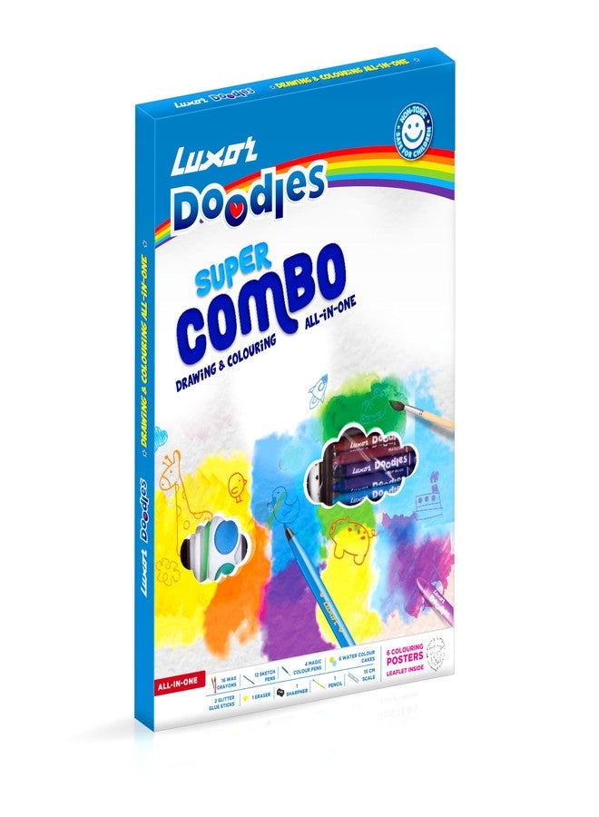 Luxor Doodles Super Combo Art Set - Ignite Imagination with Diverse Crayons, Sketch Pens, Water Colors, Glitter, Glue, Eraser & Sharpener, Ultimate Creative Kit for Kids' Artistic Adventures - Image 1